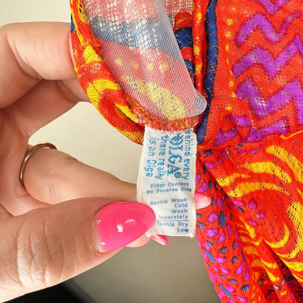 Vintage Olga Nylon Sheer Psychedelic Mesh Maxi Nightgown Dress Swim Cover Up - Picture 13 of 14